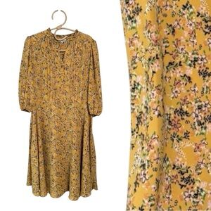 Nanette Lepore Pleated Ruffle Neck Yellow Dainty Floral MIDI Dress Cottagecore 8